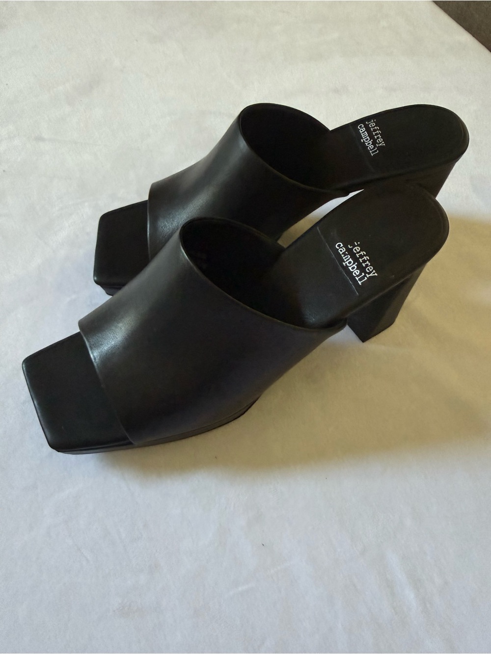 Jeffrey Campbell “Dress Code” Square Toe Black Leather Block Heel Mules